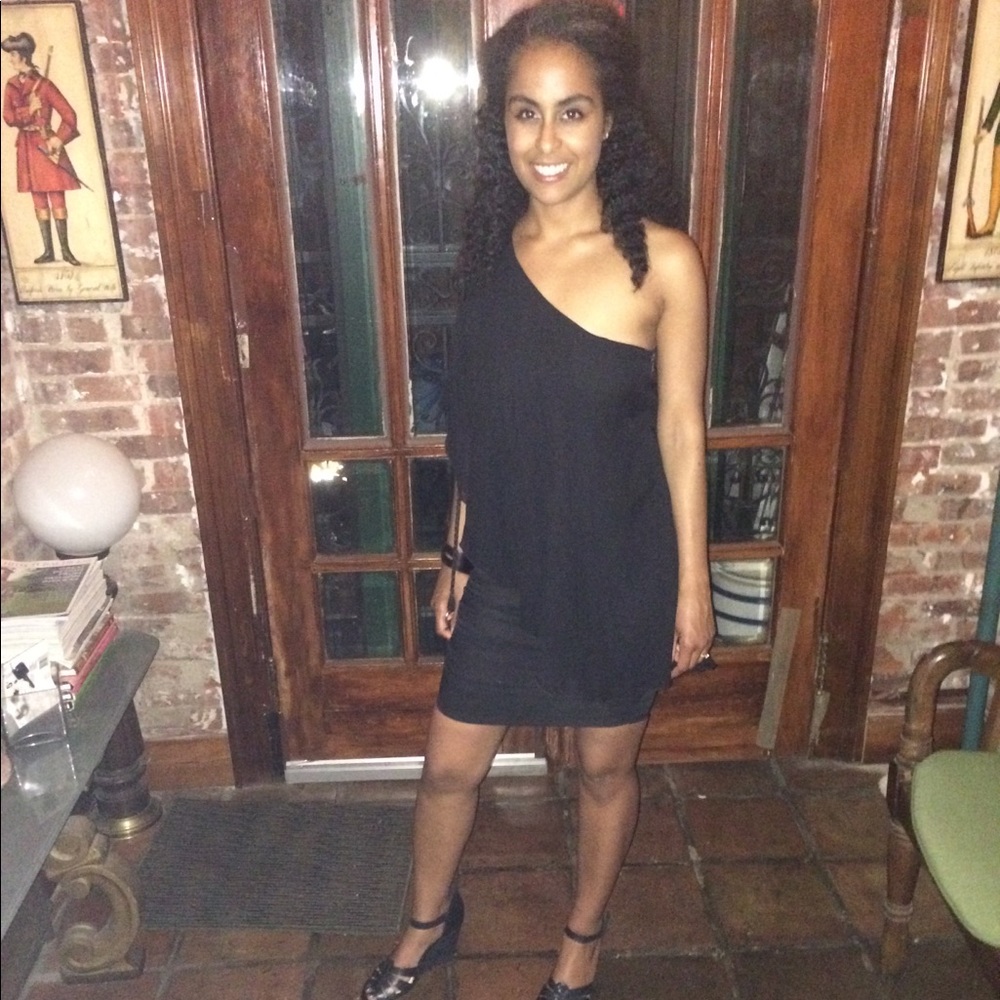 Alice + Olivia black silk one shoulder mini dress